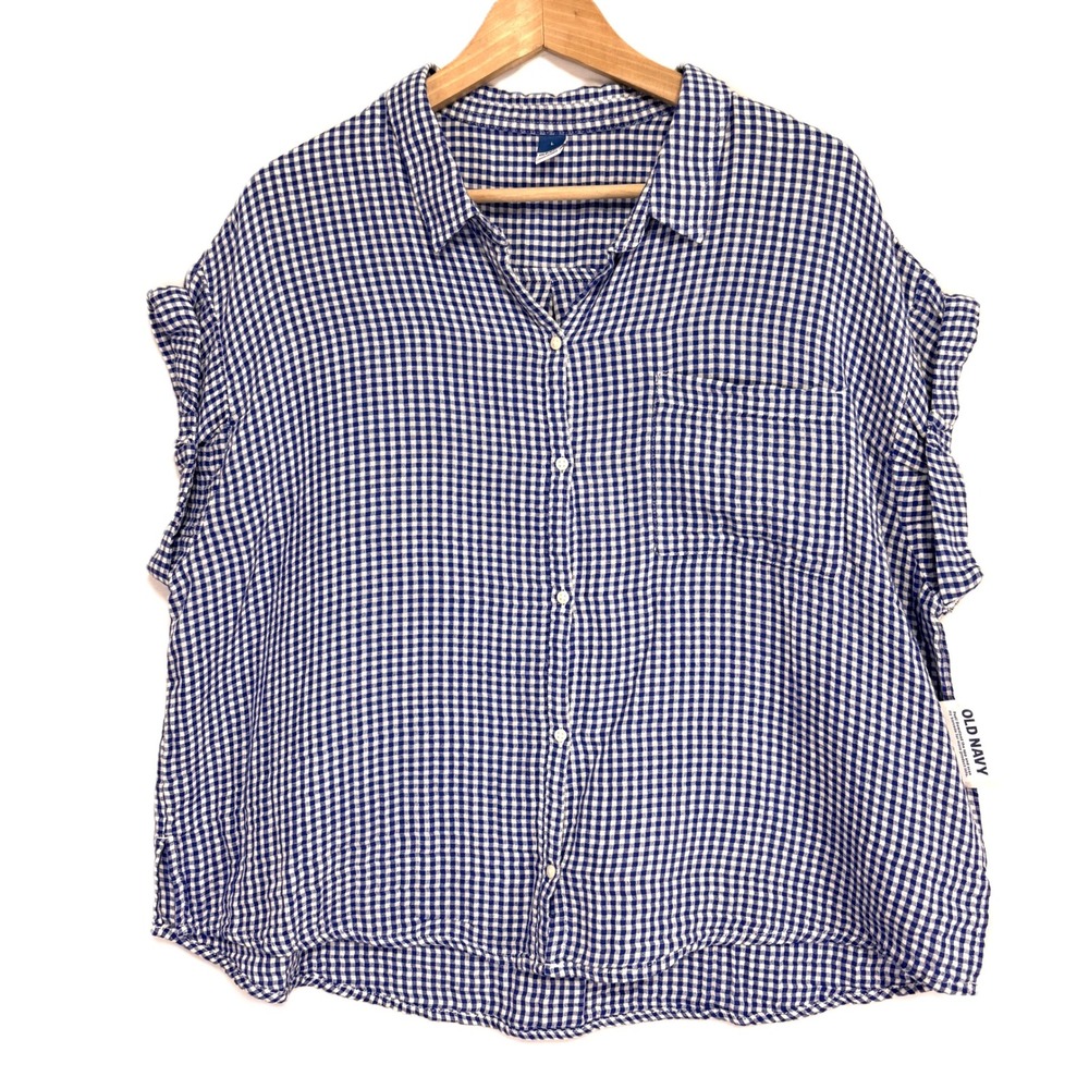 NWT Old Navy Button Up Top Womens L Blue Gingham Cotton Casual Preppy Cottage